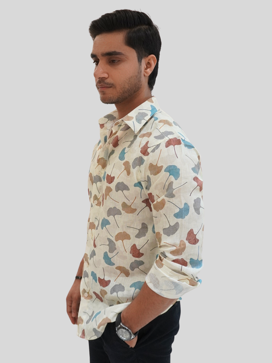 Classic Fit Leaf-Print Linen Shirt