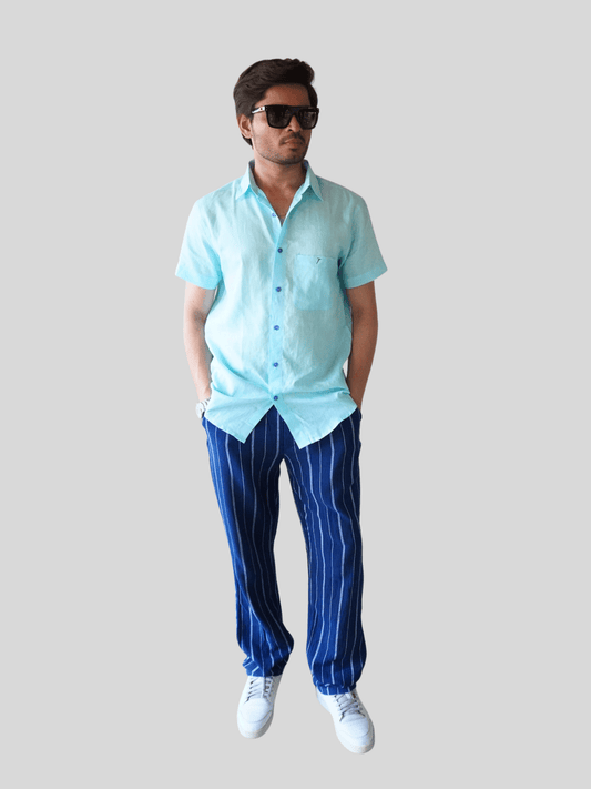 Classic Fit Aqua Blue Short Sleeve Linen Shirt