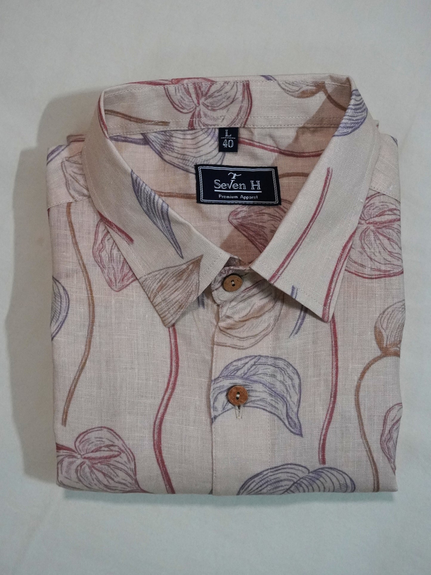 Beige Floral Print Linen Shirt