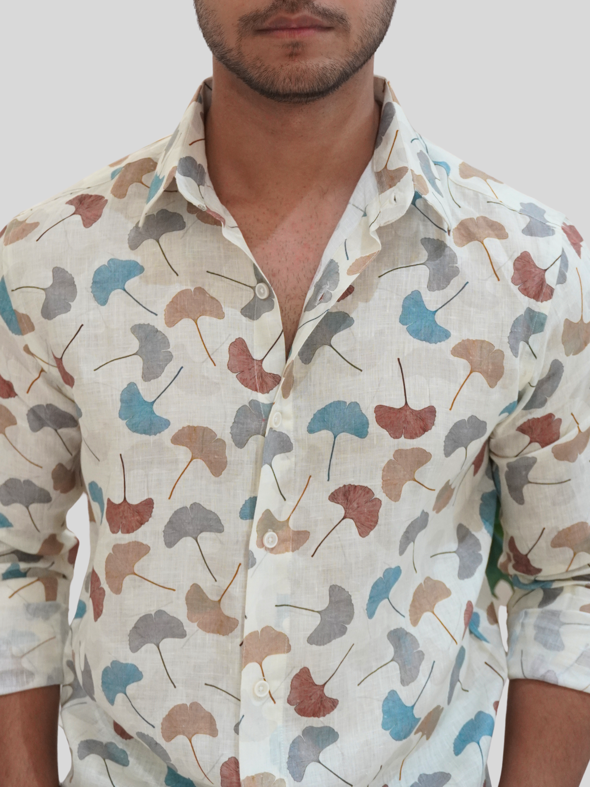 Cream Leaf-Print Linen Shirt