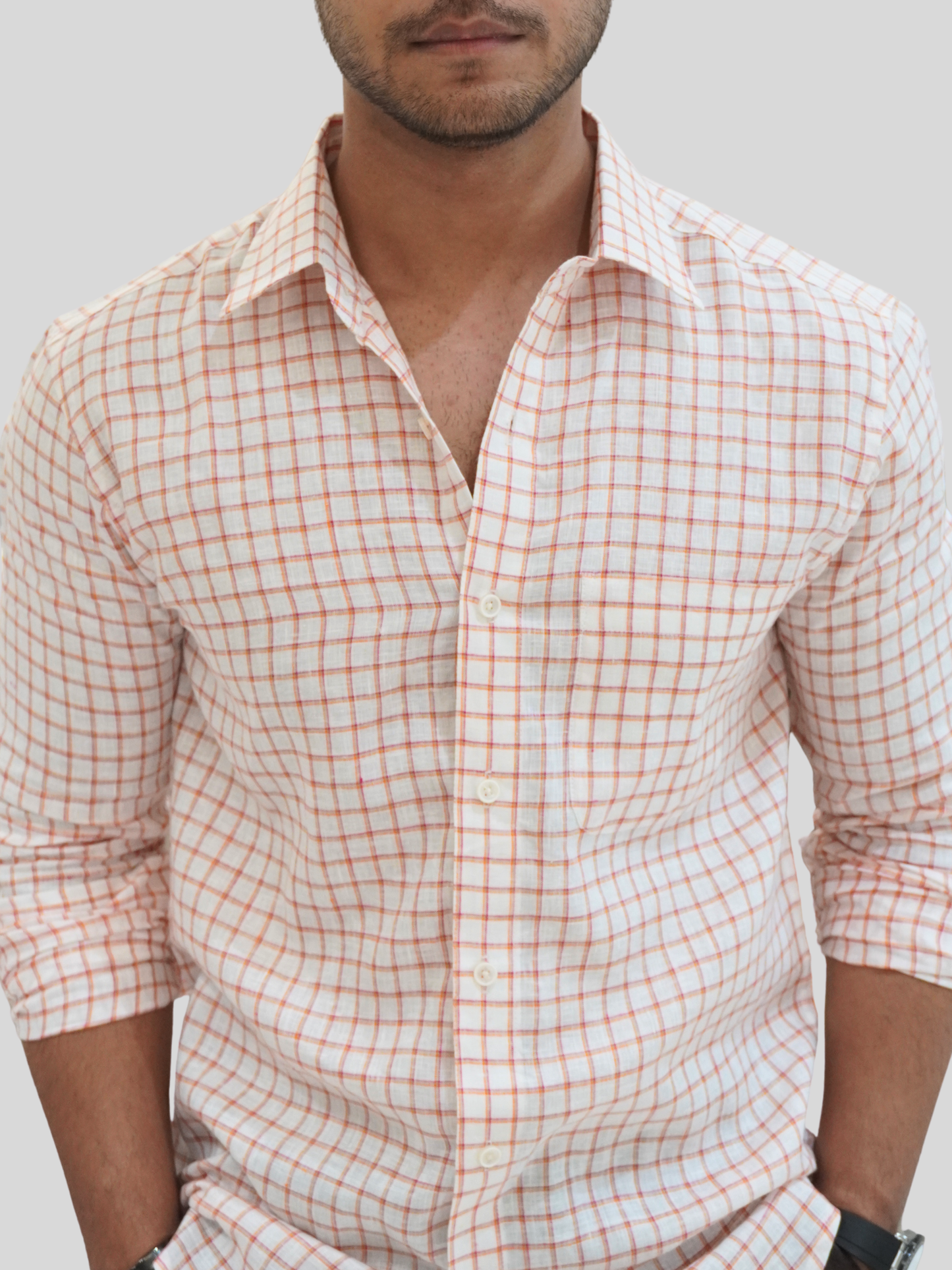 Classic Fit White Checked Linen Shirt