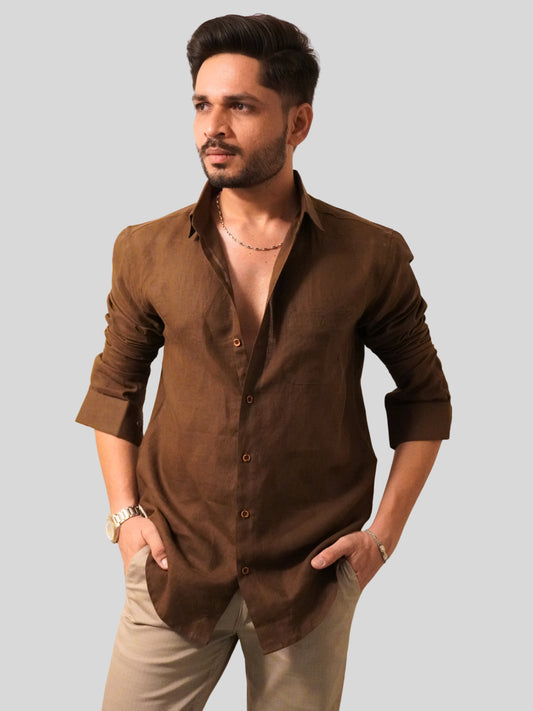 Classic Fit Dark Brown Linen Shirt