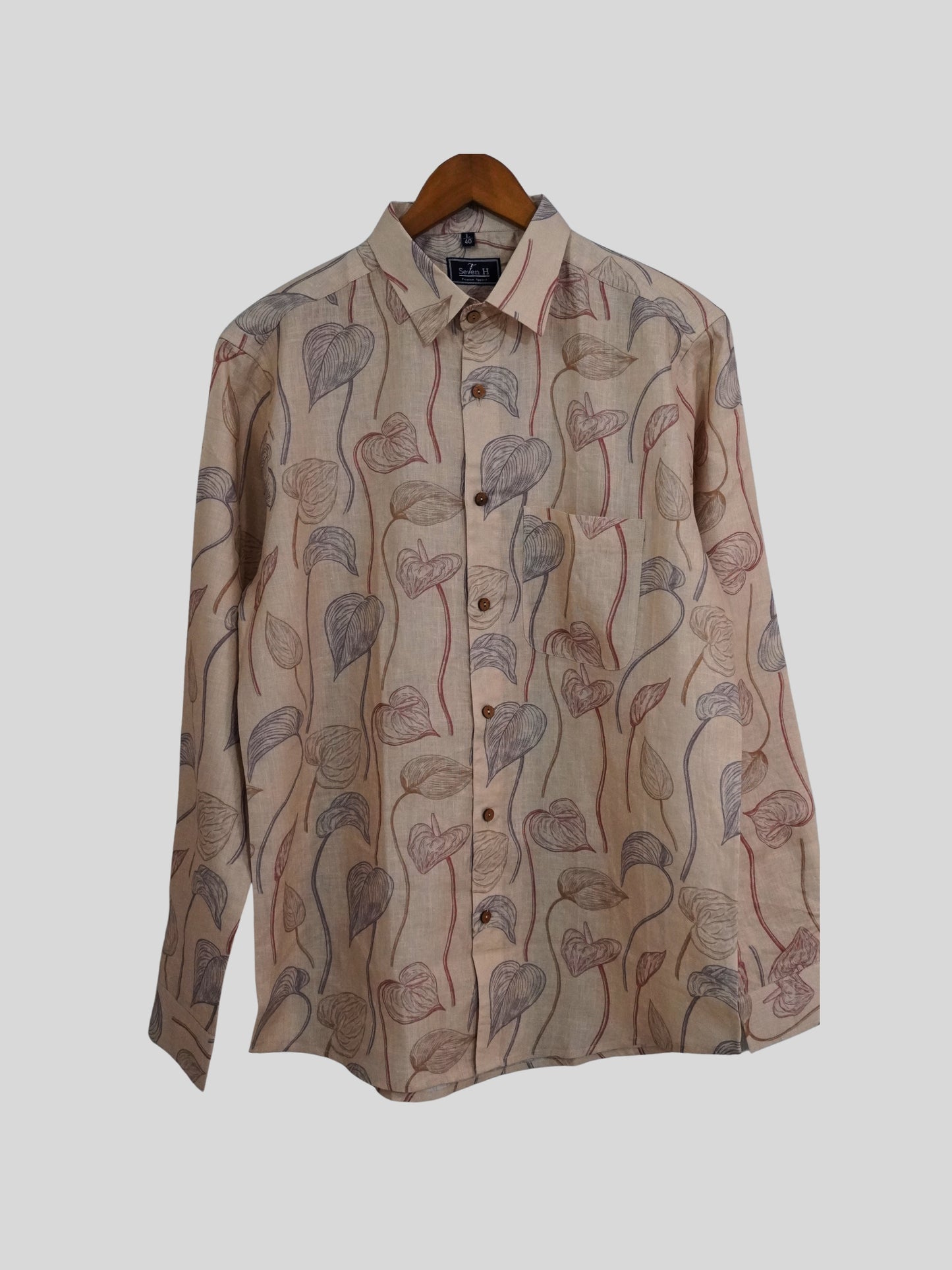 Beige Floral Print Linen Shirt