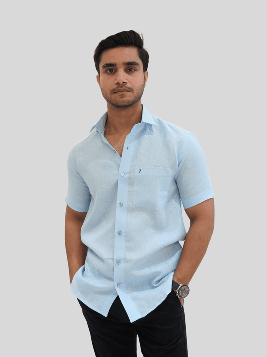 Classic Fit Sky Blue Short Sleeve Linen Shirt