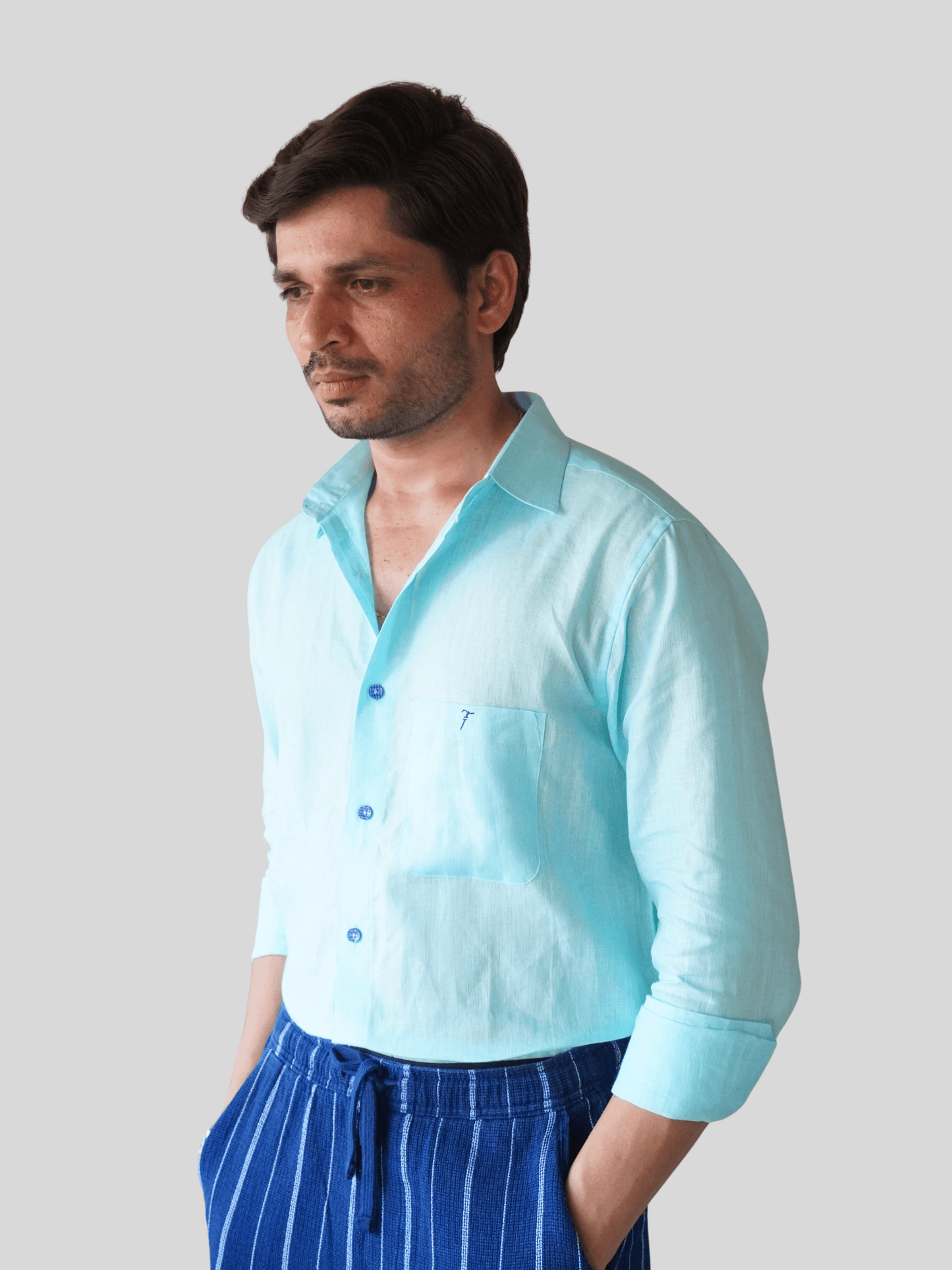 Classic Fit Aqua Blue Linen Shirt