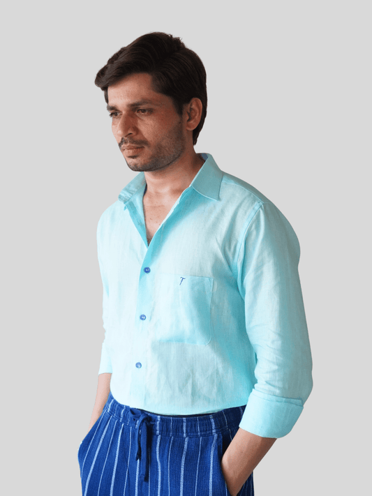 Classic Fit Aqua Blue Linen Shirt