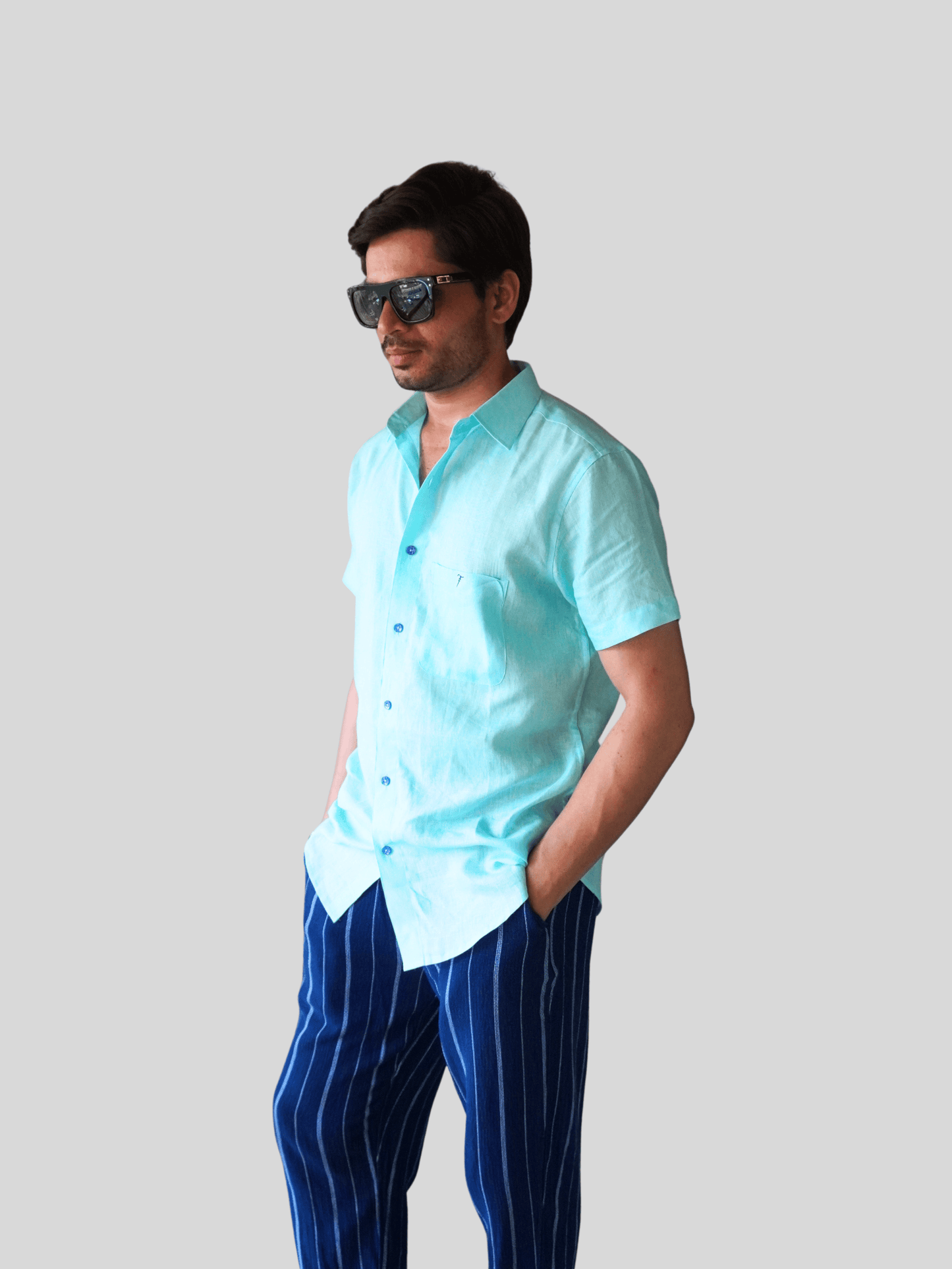 Classic Fit Aqua Blue Short Sleeve Linen Shirt