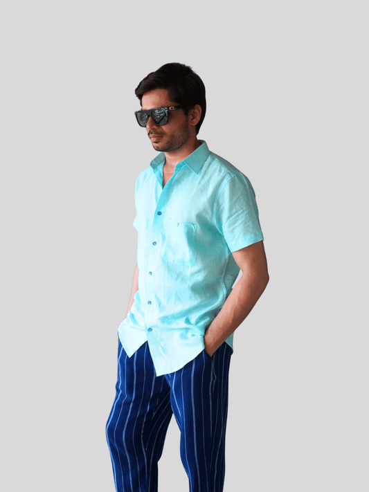 Classic Fit Aqua Blue Short Sleeve Linen Shirt