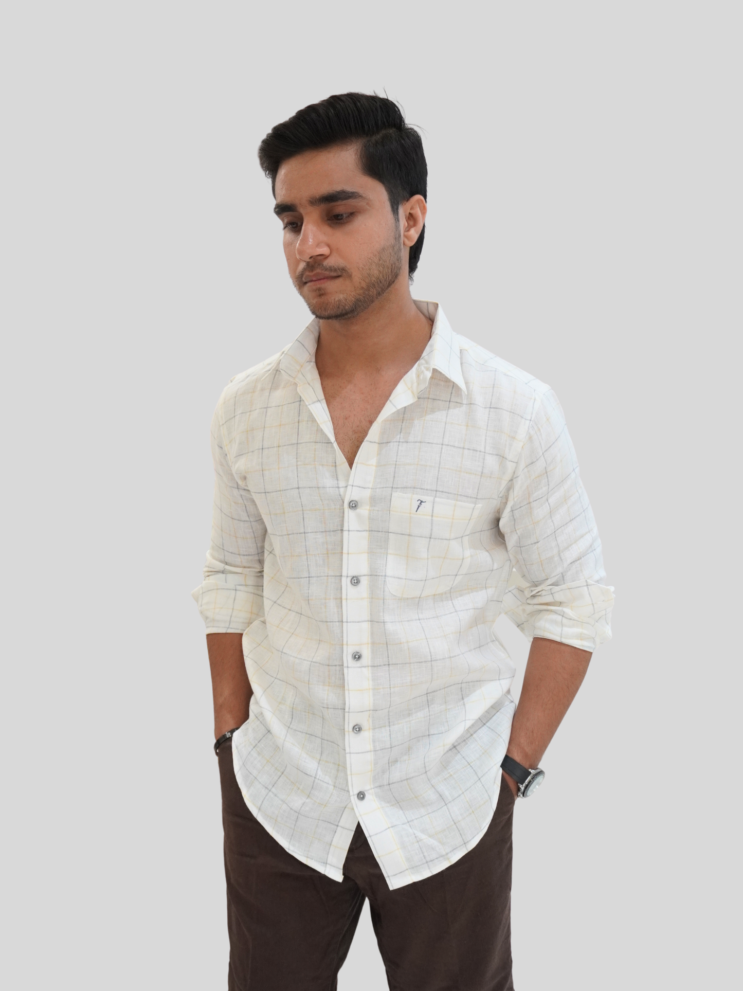 Classic Fit White Checked Linen Shirt