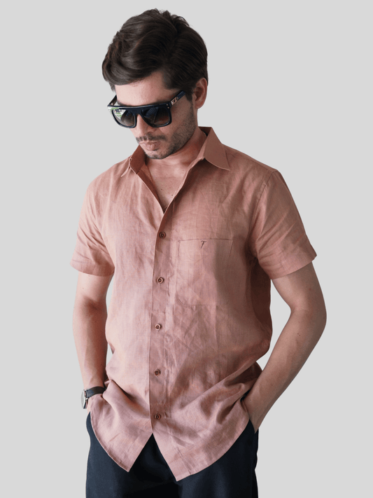 Classic Fit Earthy Brown Short Sleeve Linen Shirt