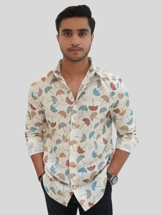 Classic Fit Off-White Printed Linen Shirt