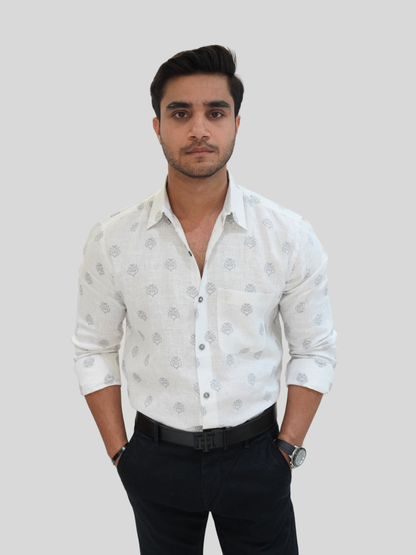 Classic Fit White Jacquard Linen Shirt