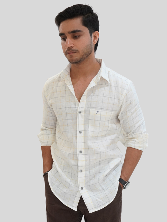 Classic Fit White Checked Linen Shirt