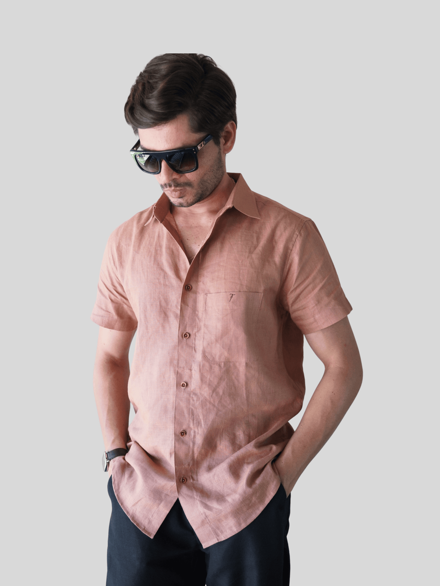 Classic Fit Earthy Brown Short Sleeve Linen Shirt