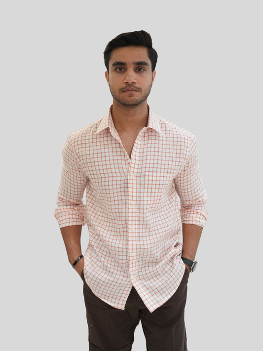 Classic Fit White Checked Linen Shirt