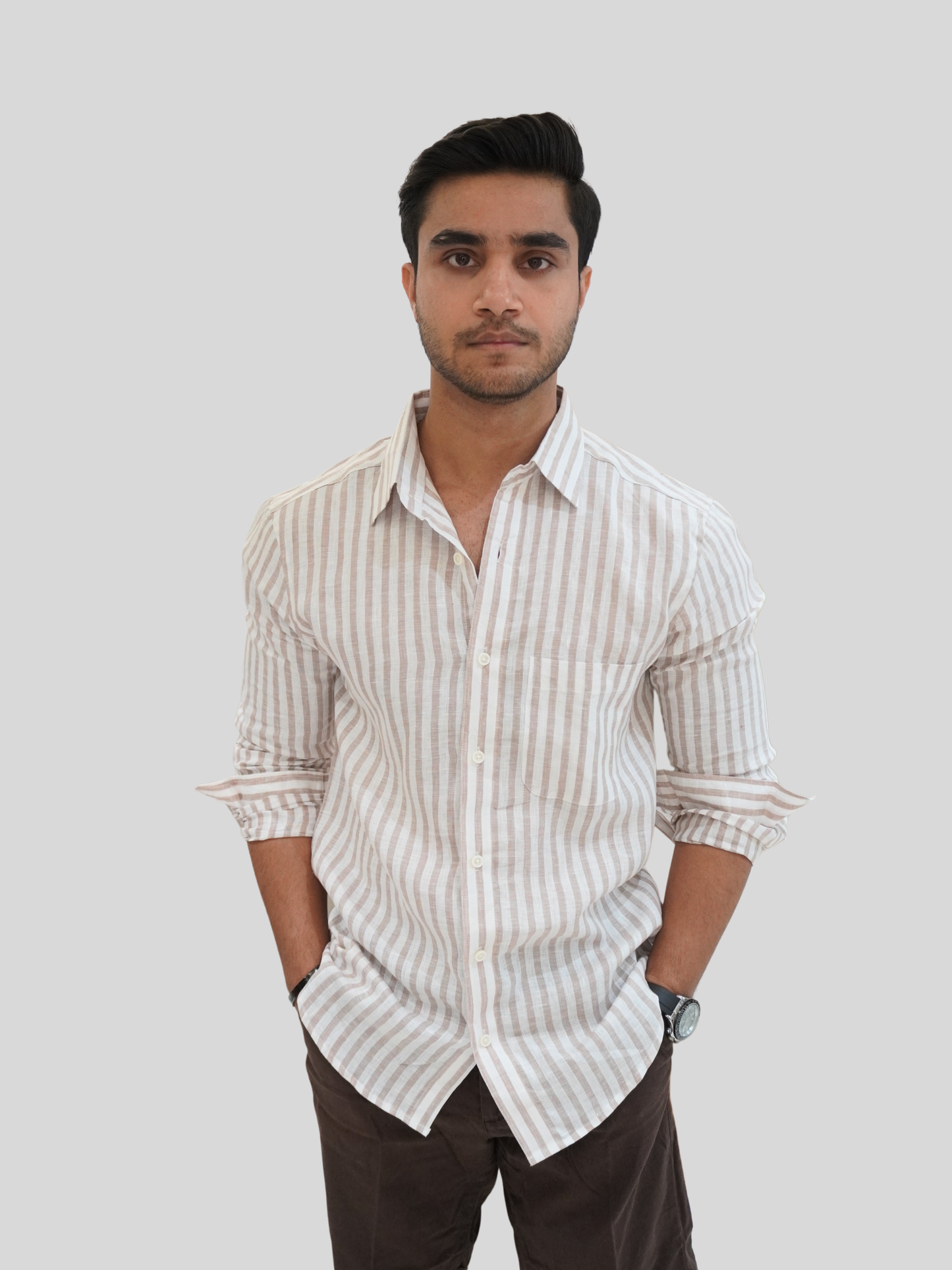 Classic Fit White Striped Linen Shirt