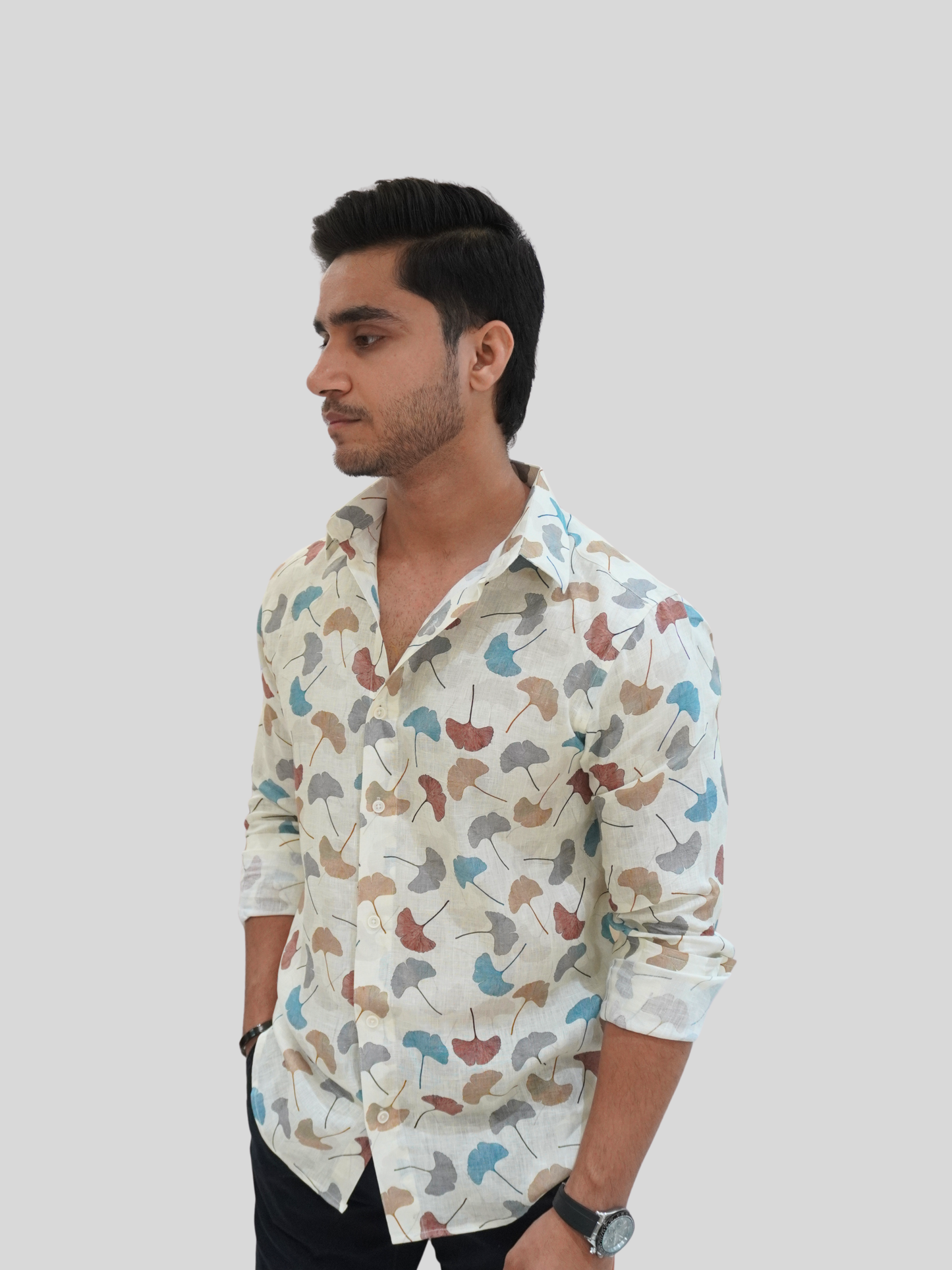 Classic Fit Off-White Printed Linen Shirt
