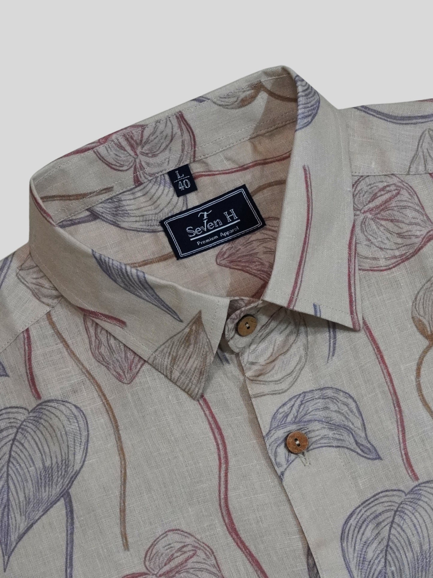 Beige Floral Print Linen Shirt