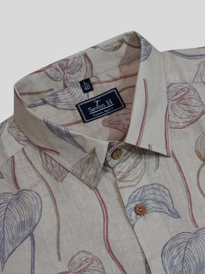 Beige Floral Print Linen Shirt