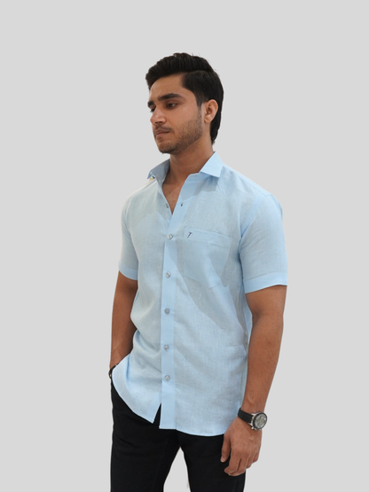 Classic Fit Sky Blue Short Sleeve Linen Shirt
