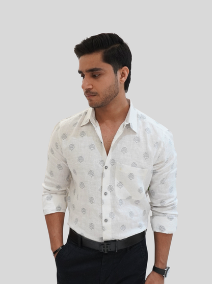 Classic Fit White Jacquard Linen Shirt
