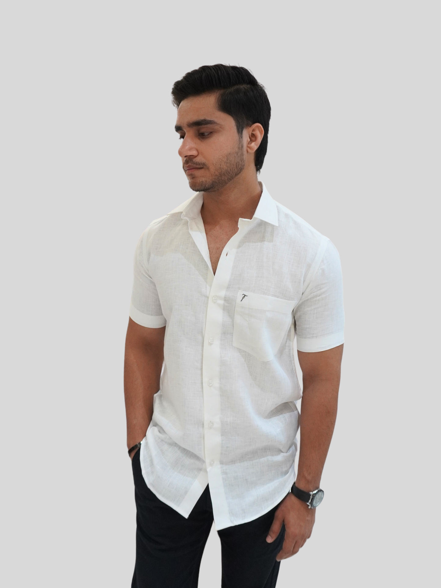 Classic Fit White Short Sleeve Linen Shirt