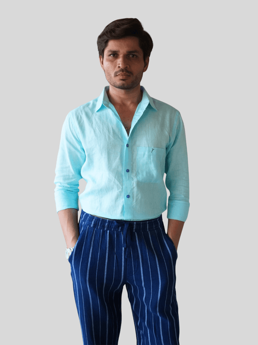 Classic Fit Aqua Blue Linen Shirt