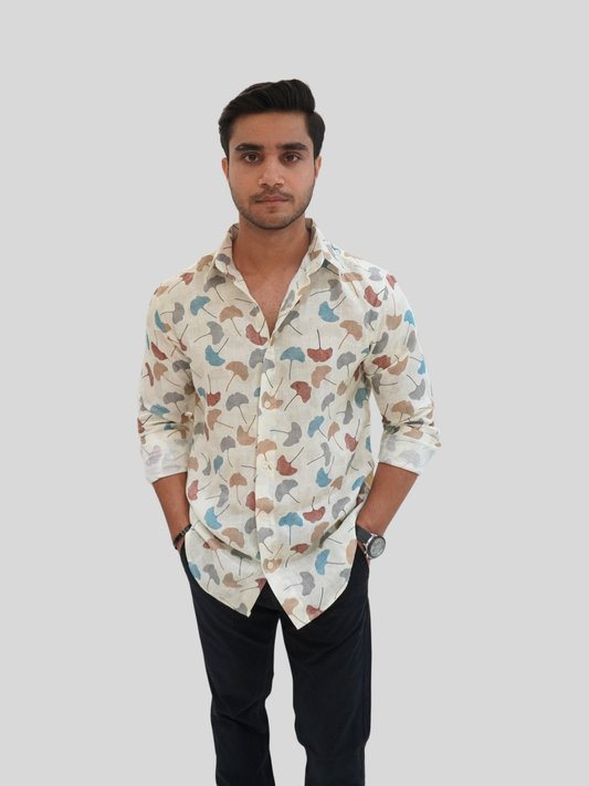 Classic Fit Off-White Printed Linen Shirt