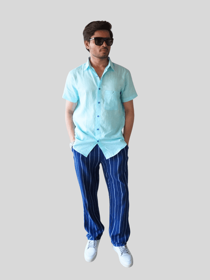 Classic Fit Aqua Blue Short Sleeve Linen Shirt