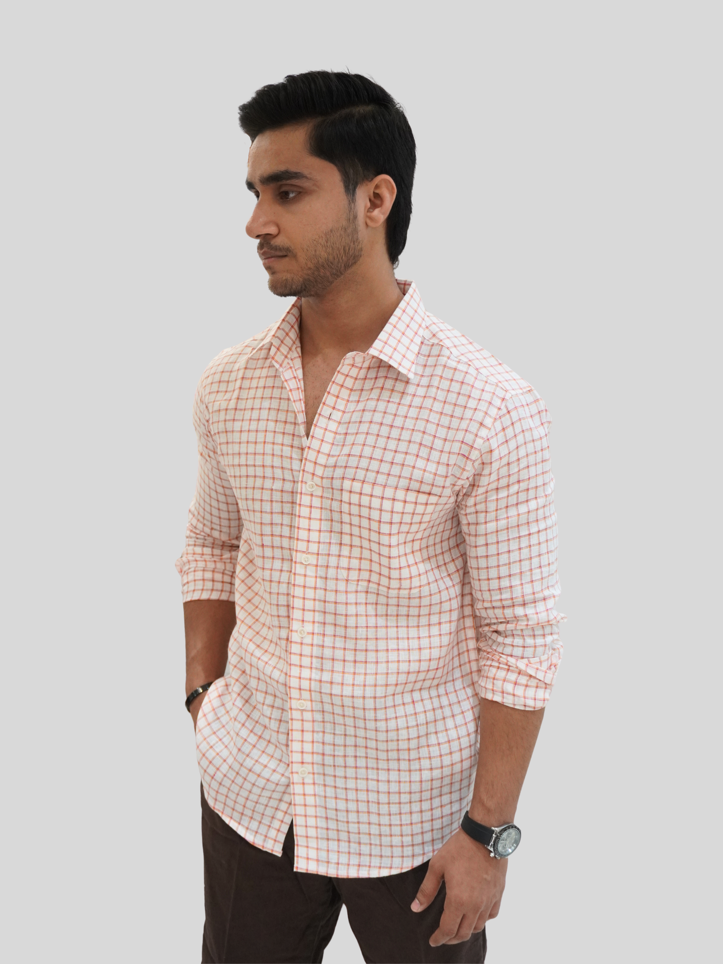 Classic Fit White Checked Linen Shirt