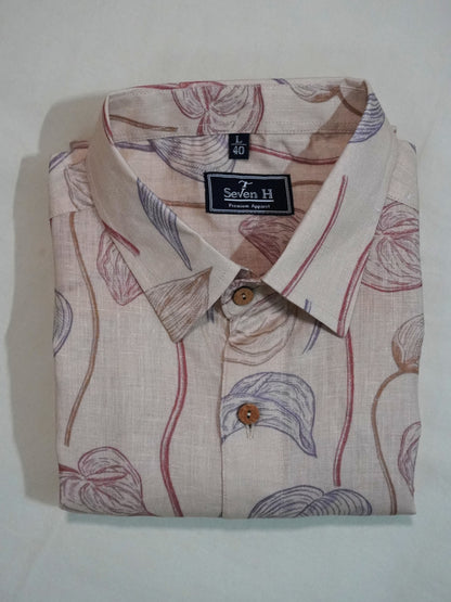 Beige Floral Print Linen Shirt