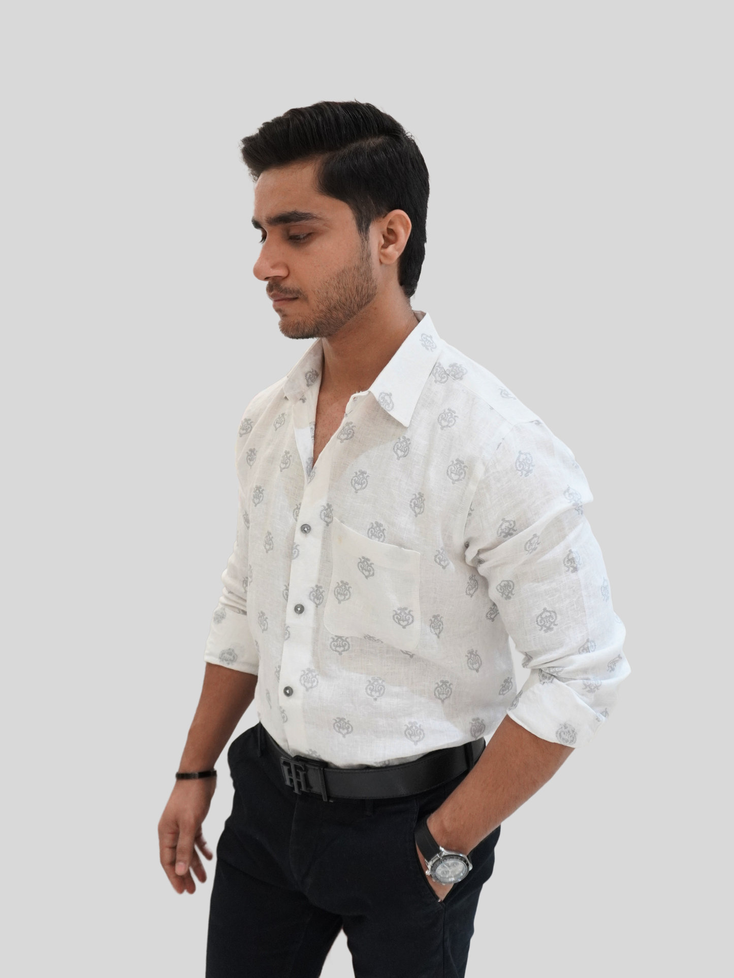 Classic Fit White Jacquard Linen Shirt