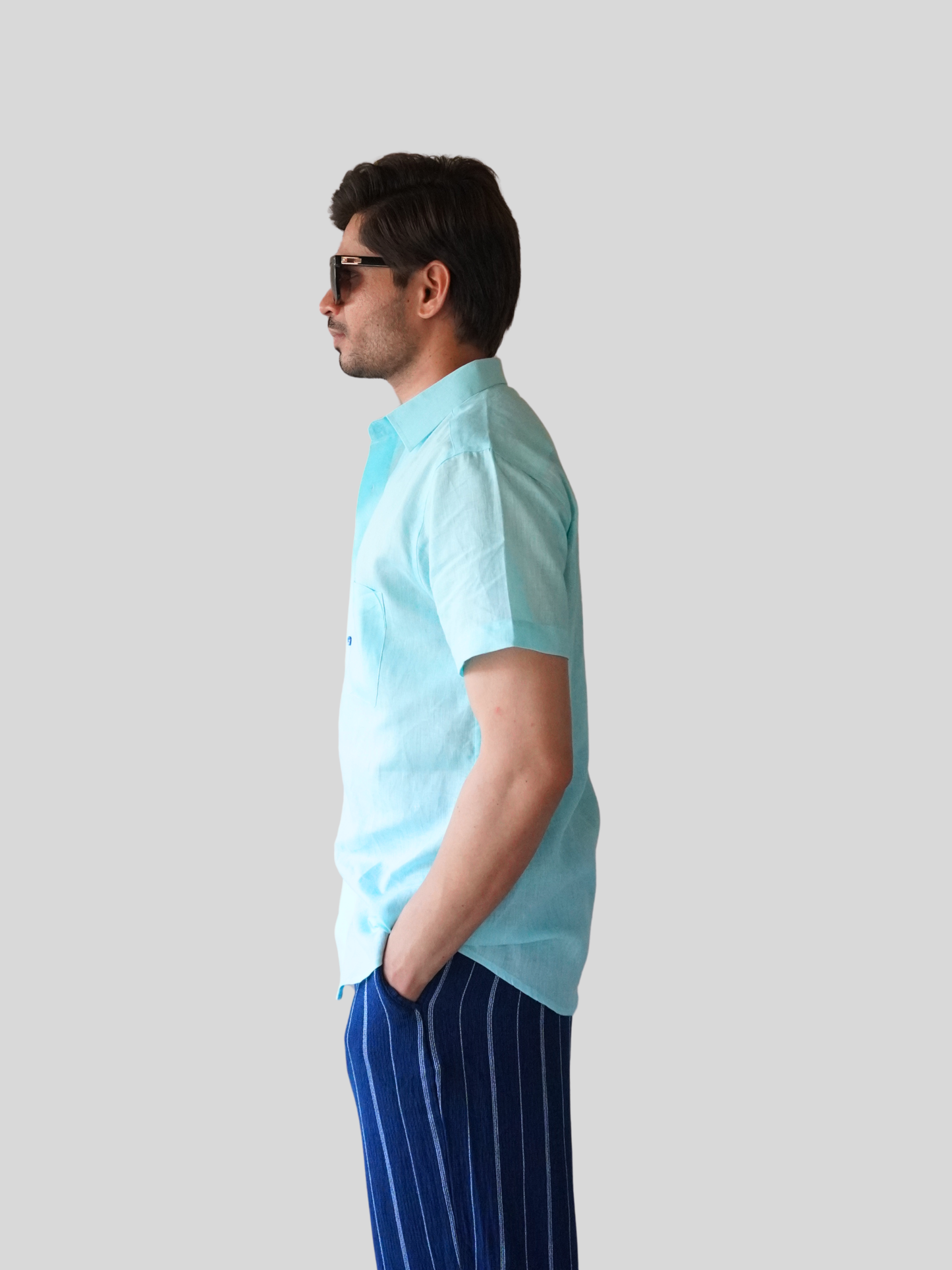 Classic Fit Aqua Blue Short Sleeve Linen Shirt