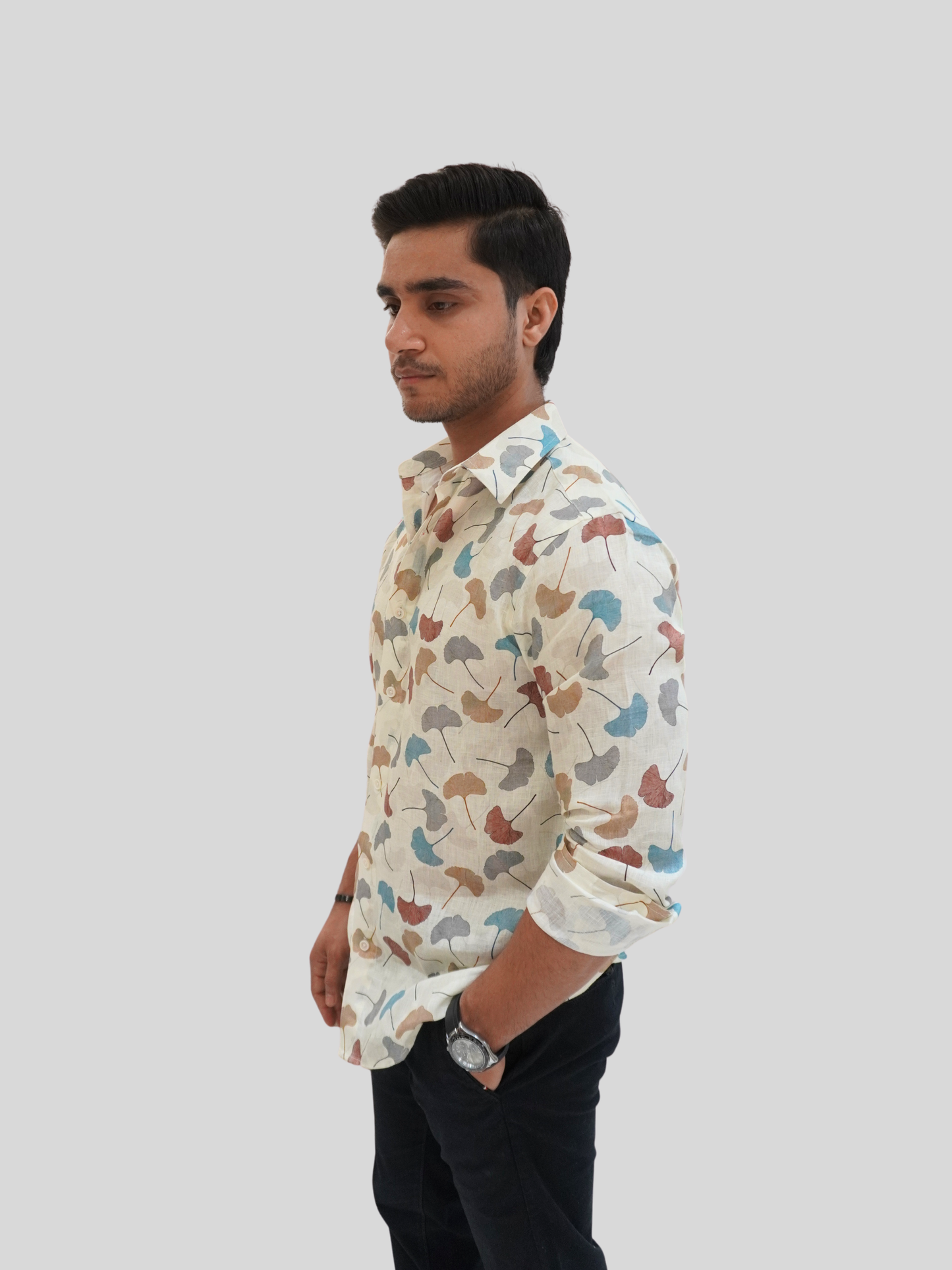 Classic Fit Off-White Printed Linen Shirt