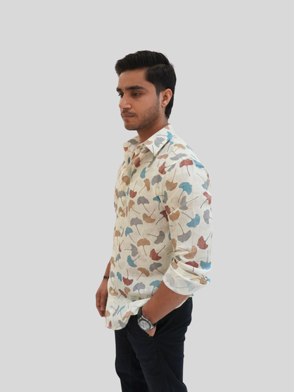 Classic Fit Off-White Printed Linen Shirt