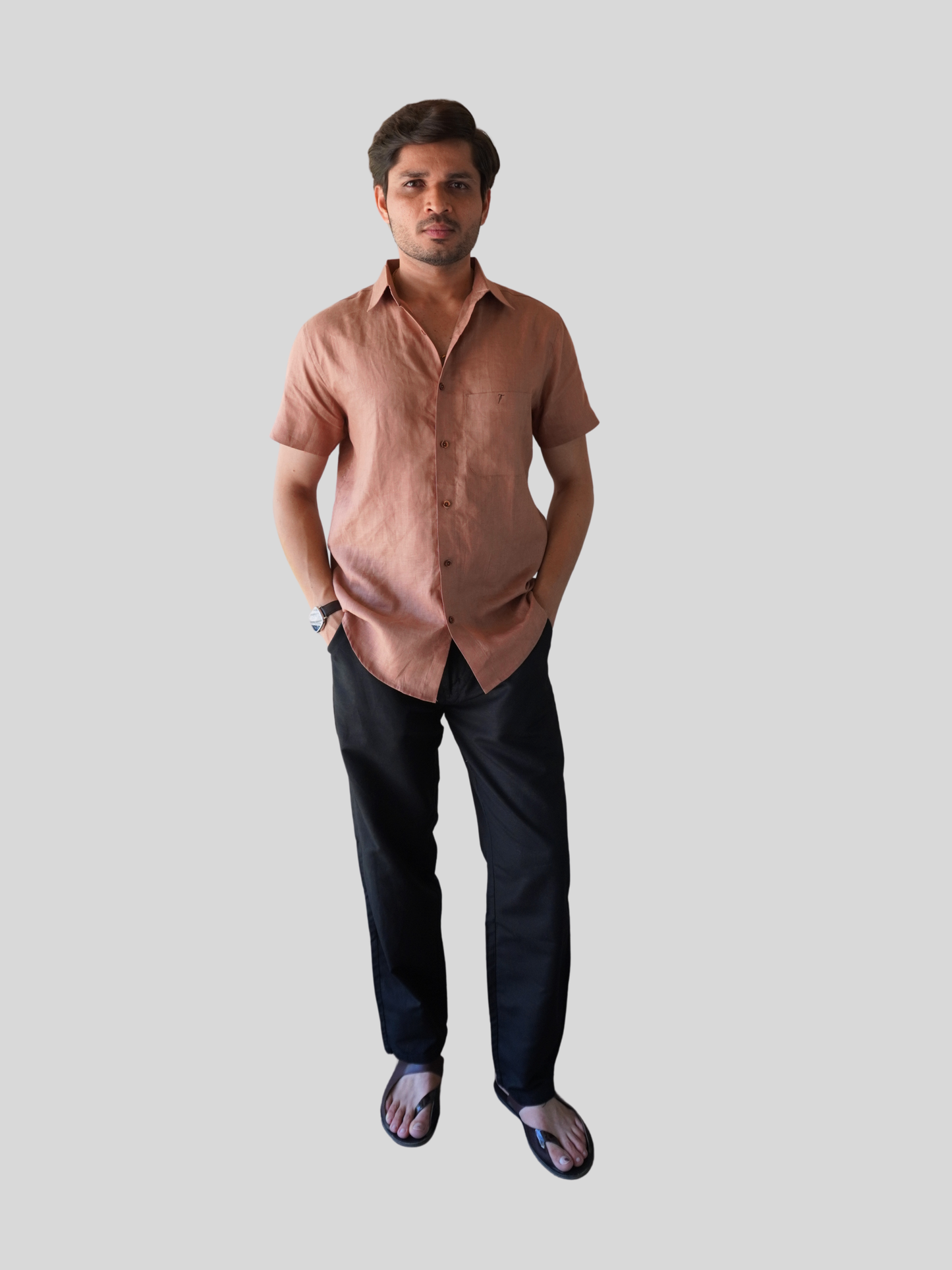 Classic Fit Earthy Brown Short Sleeve Linen Shirt