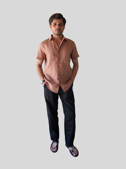 Classic Fit Earthy Brown Short Sleeve Linen Shirt