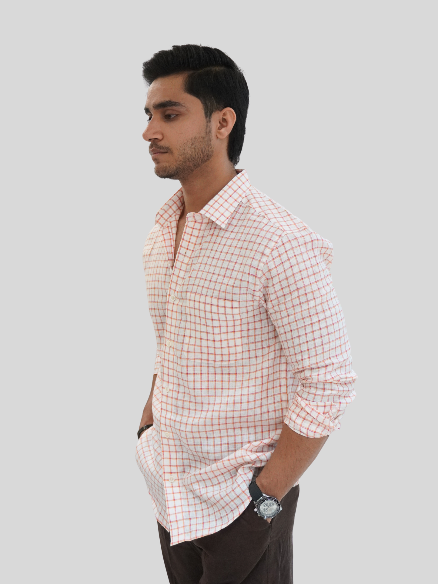 Classic Fit White Checked Linen Shirt