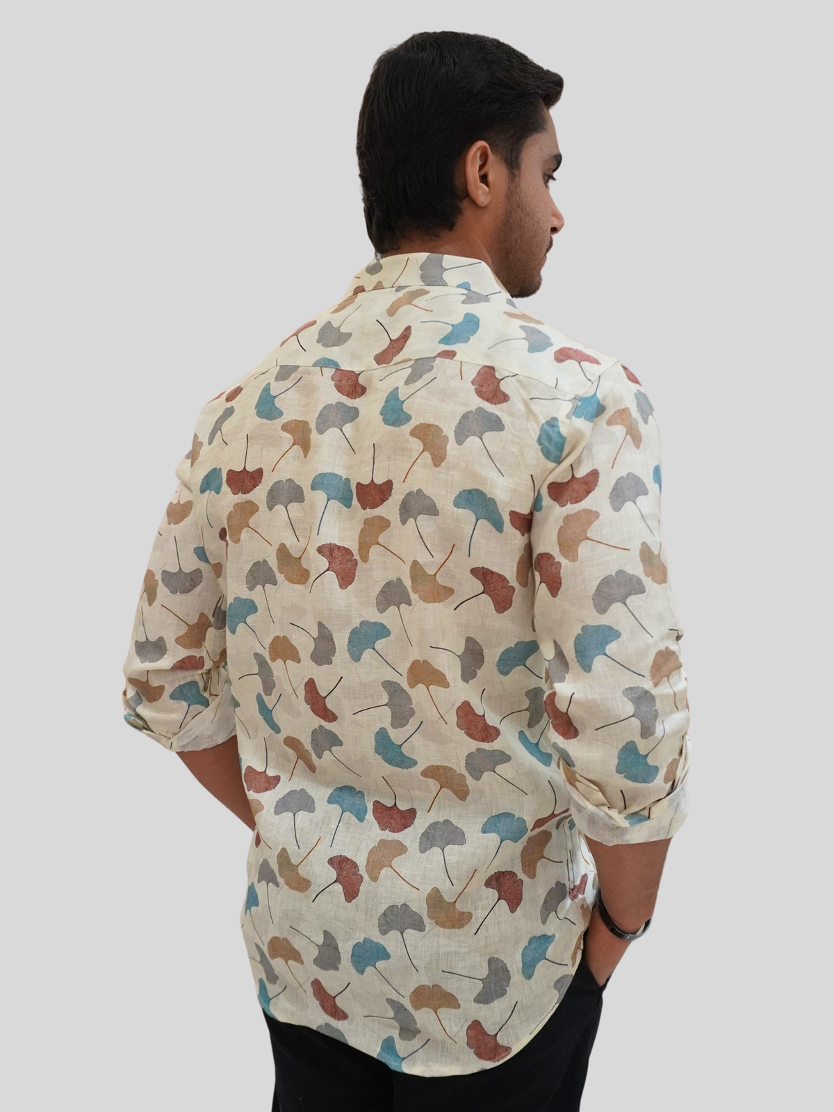 Cream Leaf-Print Linen Shirt