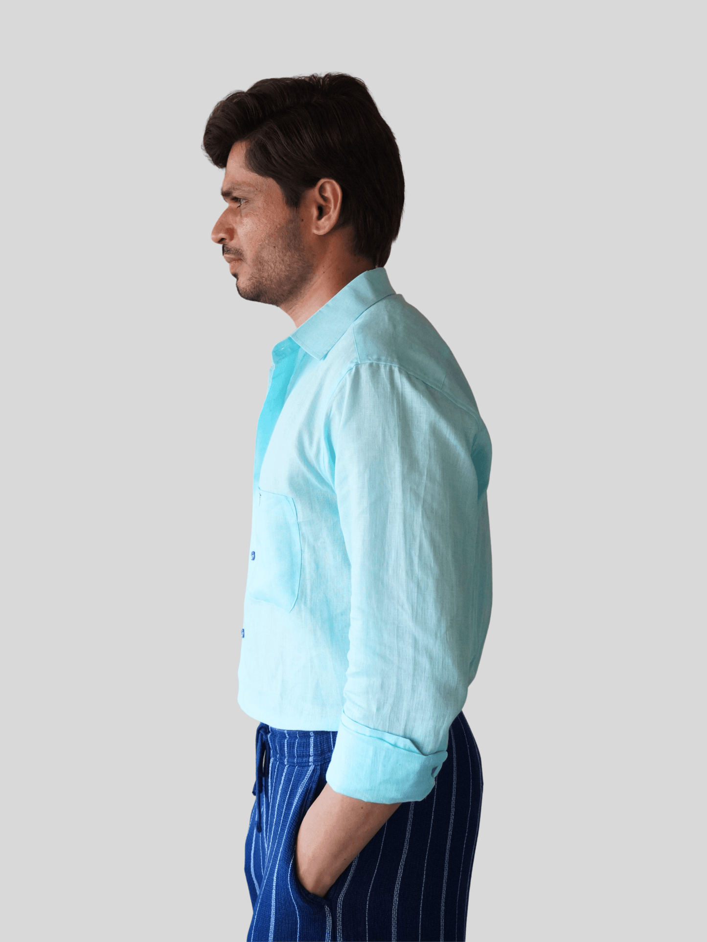 Classic Fit Aqua Blue Linen Shirt