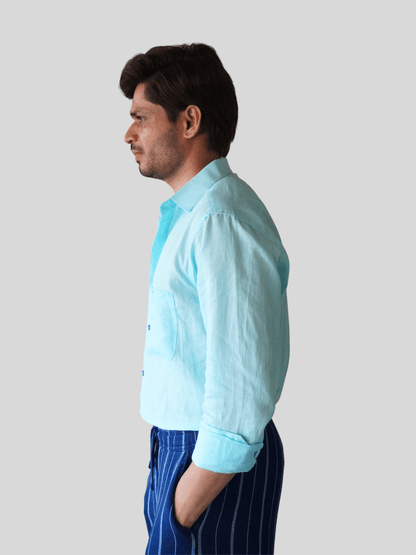 Classic Fit Aqua Blue Linen Shirt