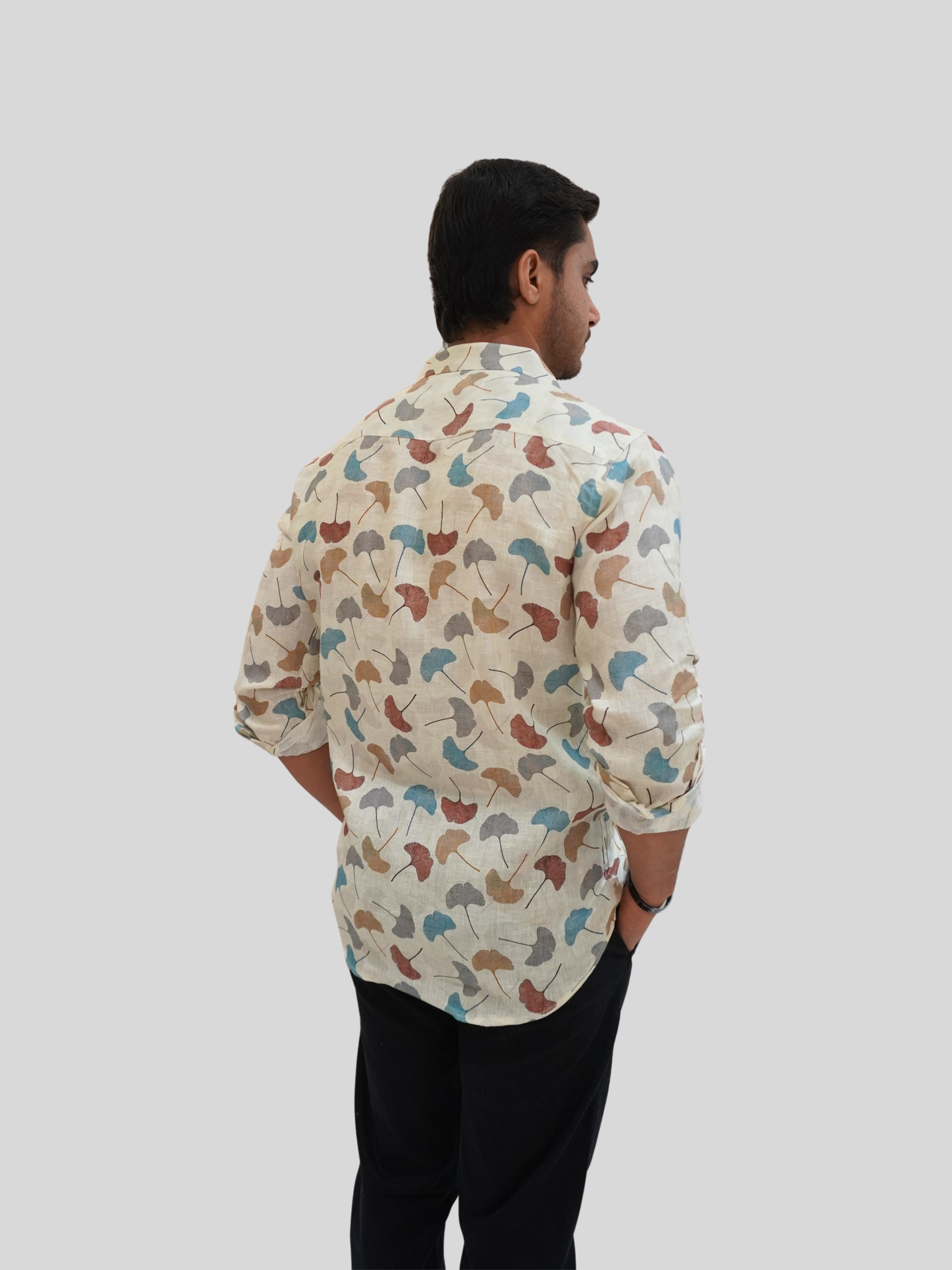 Classic Fit Off-White Printed Linen Shirt