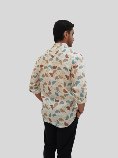 Classic Fit Off-White Printed Linen Shirt