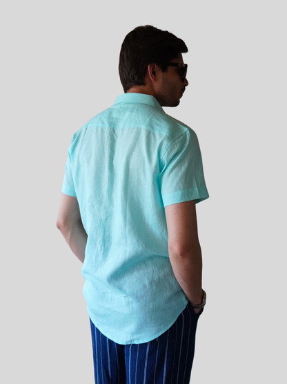 Classic Fit Aqua Blue Short Sleeve Linen Shirt