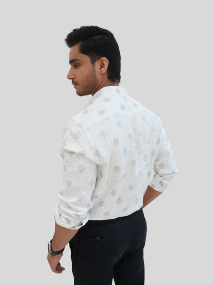 Classic Fit White Jacquard Linen Shirt