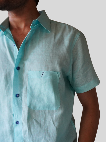 Classic Fit Aqua Blue Short Sleeve Linen Shirt