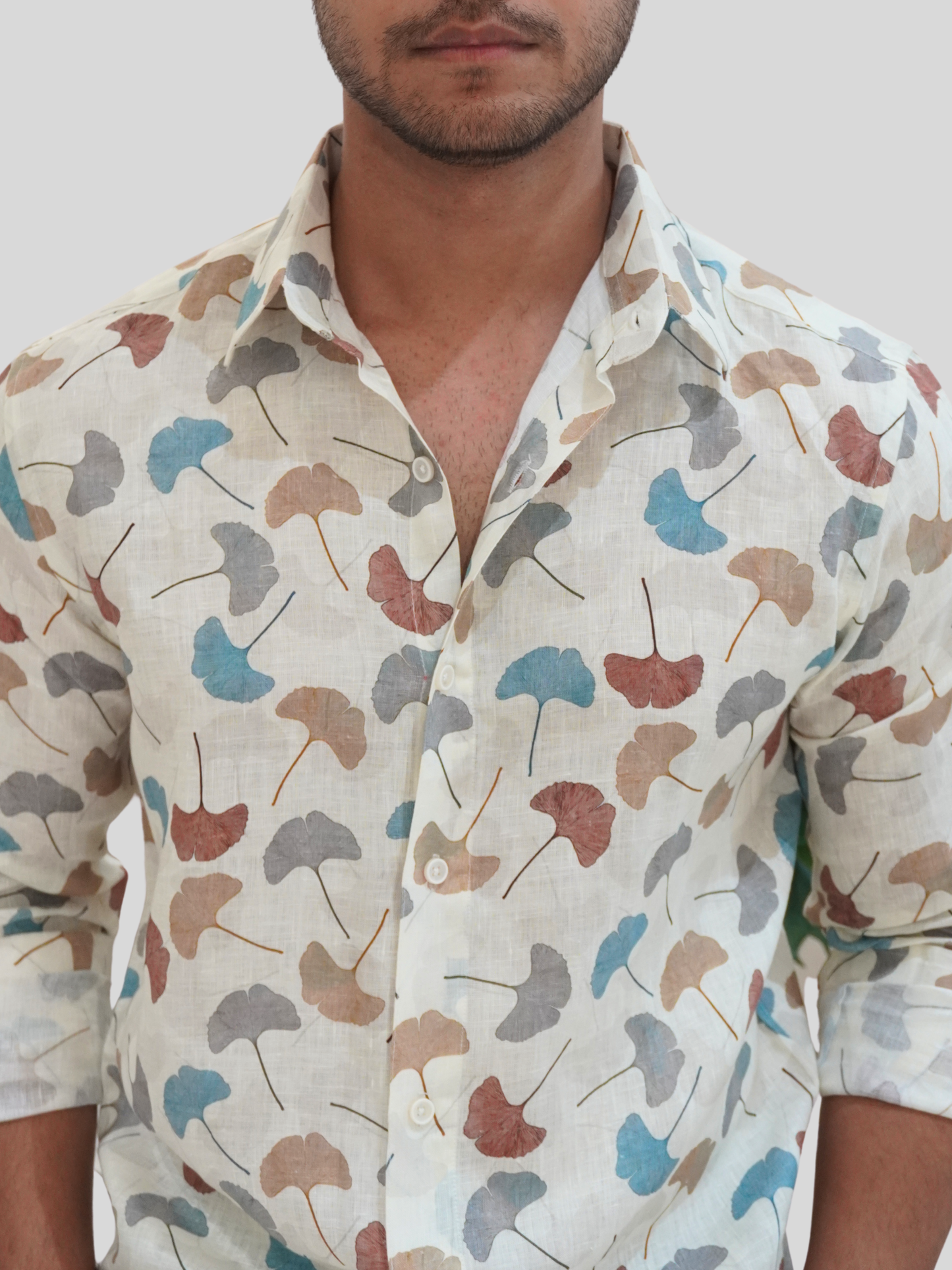 Classic Fit Off-White Printed Linen Shirt