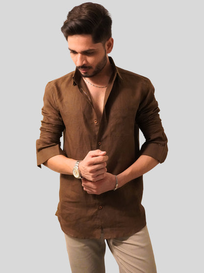 Classic Fit Dark Brown Linen Shirt