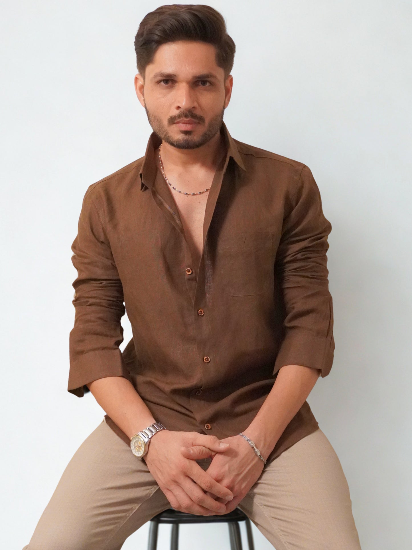 Classic Fit Dark Brown Linen Shirt