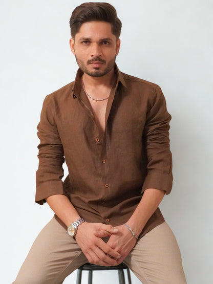 Classic Fit Dark Brown Linen Shirt